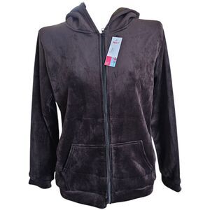 H&Y Velour Hoodie Jacket Zip Up Size L Brown Plush Soft Hooded Sweatshirt